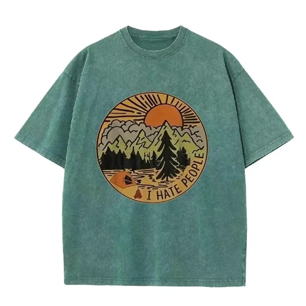 Vintage Camping I Hate People Print Washed Black Casual Outdoor T Shirt by Vimost Shop