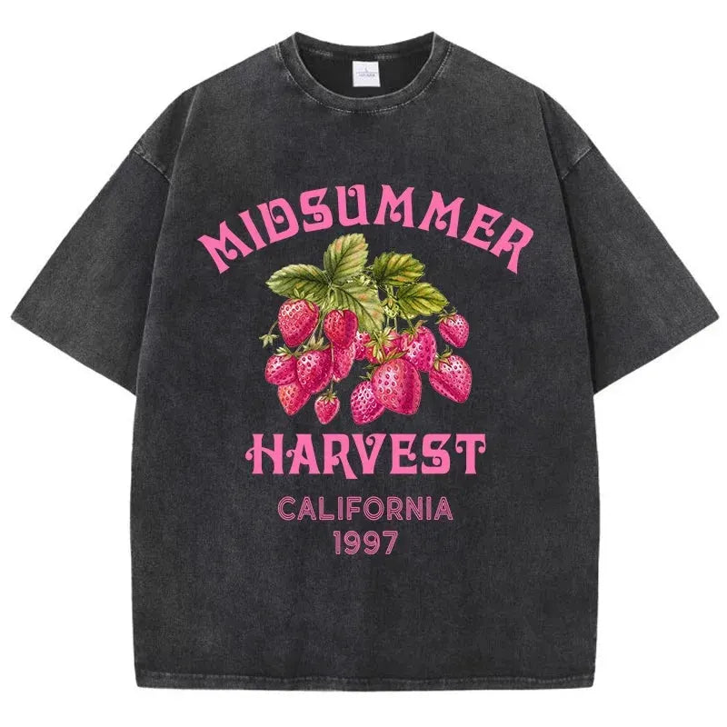 Men's Cotton T-shirt Strawberry Printed Washed T-shirt Comfortable Round Neck Top Men's Summer Clothing by Vimost Shop