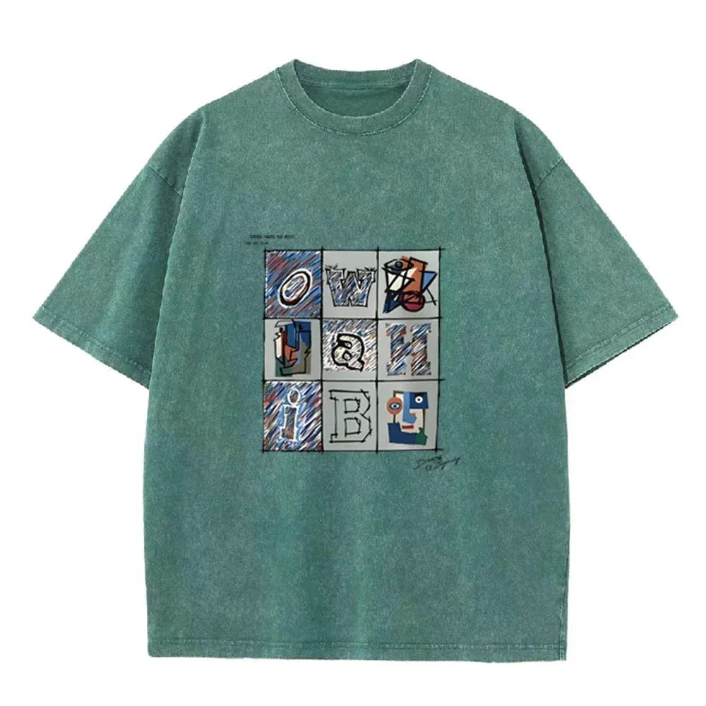 Retro Abstract Alphabet Art T Shirt Picasso Inspired Print Washed Casual Streetwear by Vimost Shop