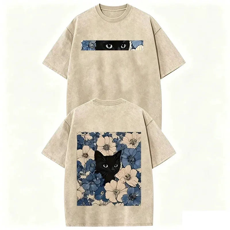Vintage Washed Black Cat Floral T Shirt Double Sided Print Streetwear Casual Tee by Vimost Shop