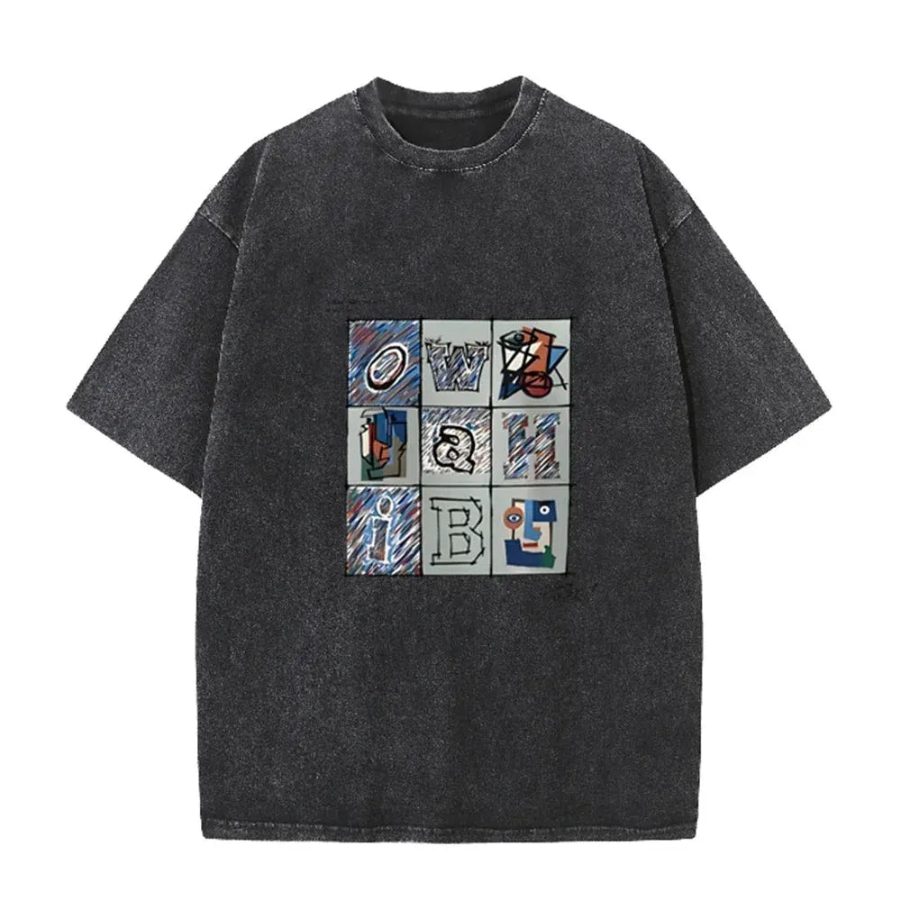 Retro Abstract Alphabet Art T Shirt Picasso Inspired Print Washed Casual Streetwear by Vimost Shop