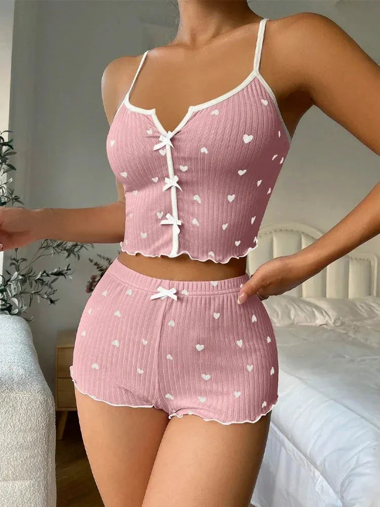 Women’s Heart-Print Sleeveless Cami and Shorts Pajama Set with Bows by Vimost Shop