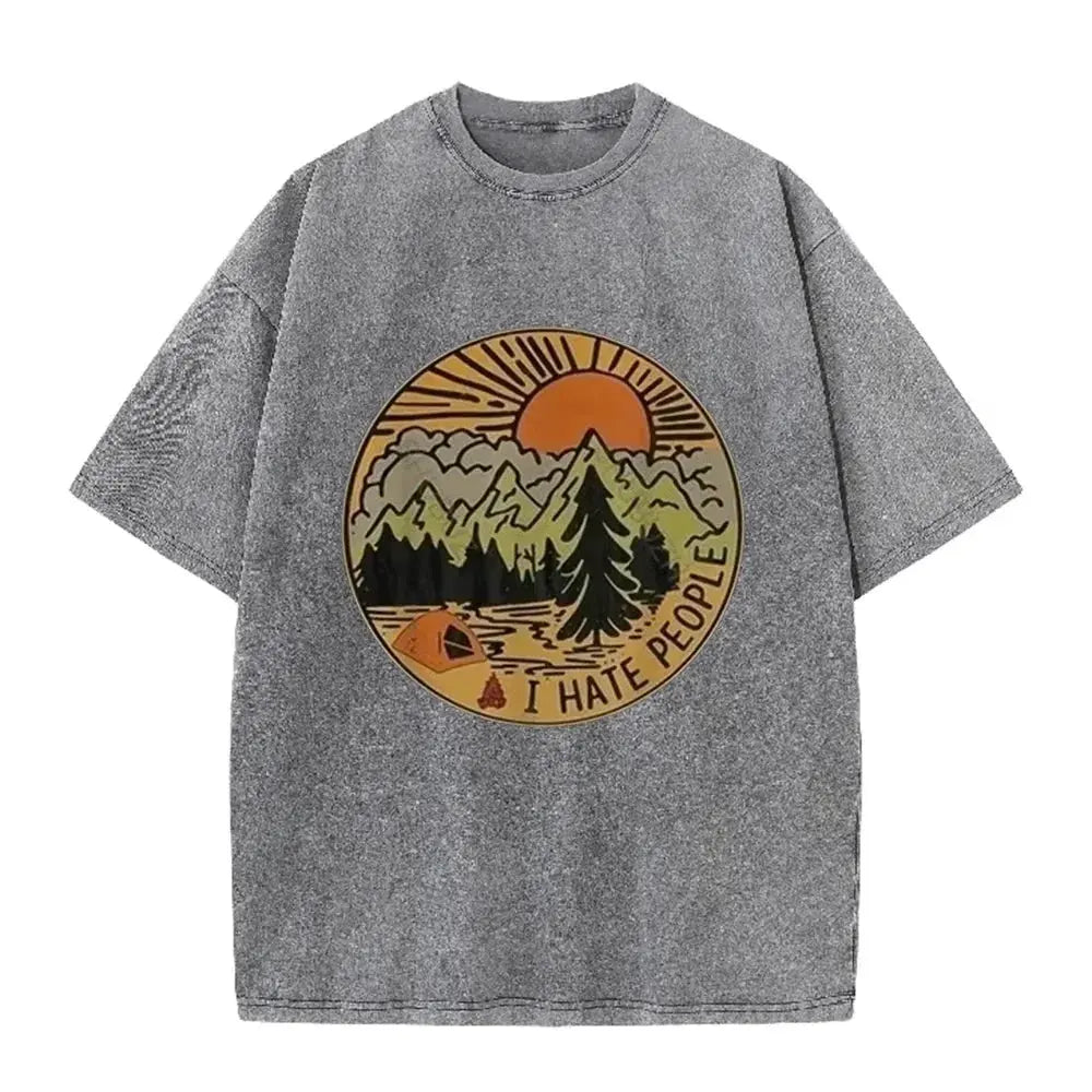 Vintage Camping I Hate People Print Washed Black Casual Outdoor T Shirt by Vimost Shop