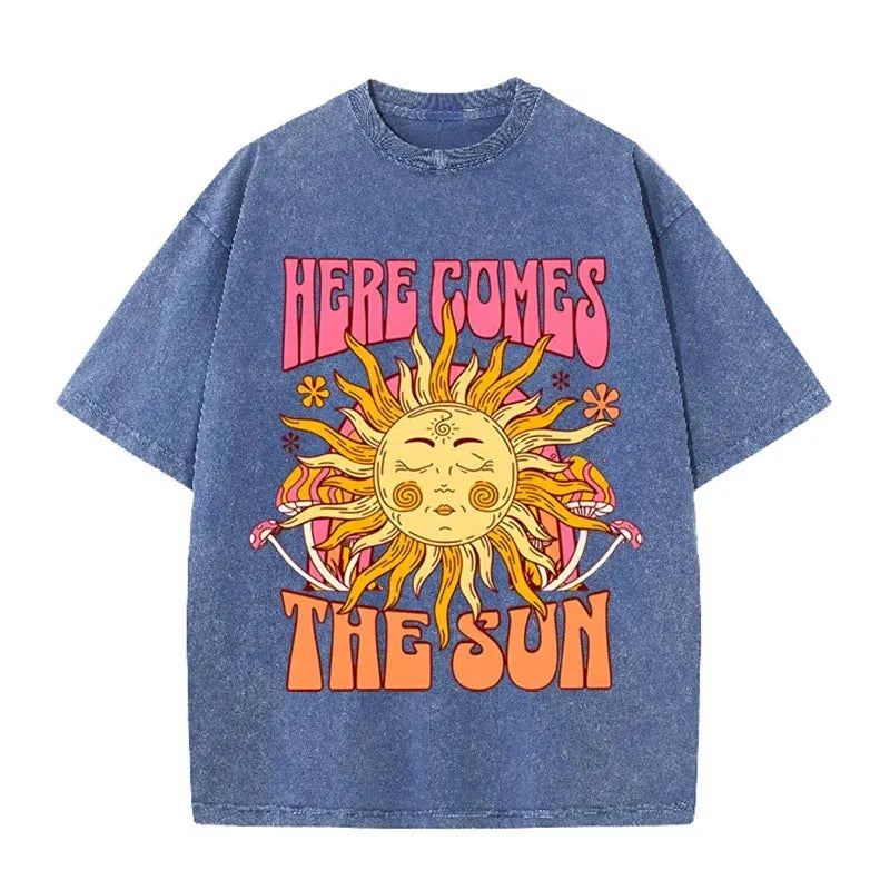 Vintage Black Here Comes The Sun T Shirt Retro Psychedelic Sun Acid Wash Tee by Vimost Shop