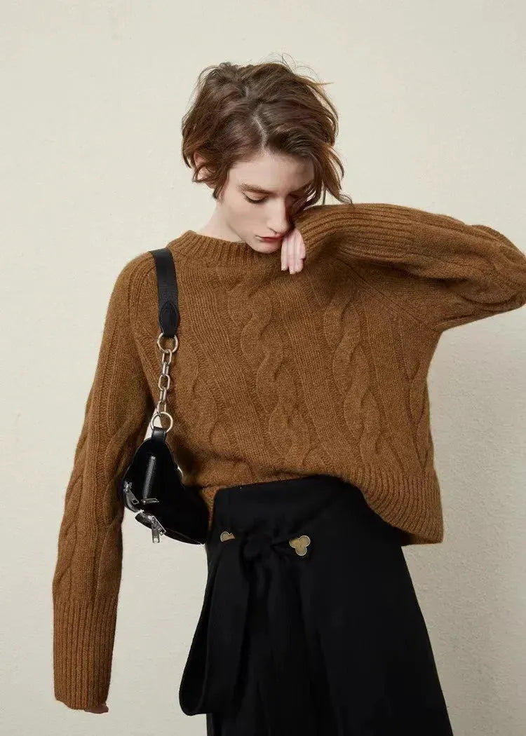 European autumn and winter cashmere sweater women's crewneck twist sweater loose cover to wear pure wool knitted bottom thick by Vimost Shop