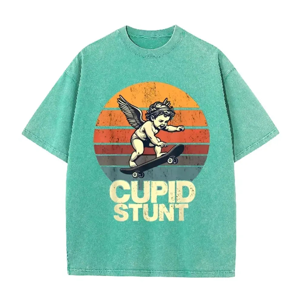 Retro Beige Cupid Stunt Skate Graphic Acid Wash Oversized Tee by Vimost Shop