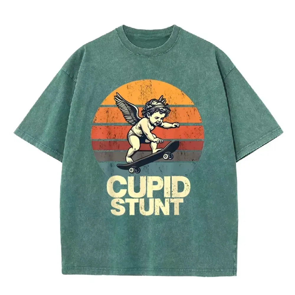 Retro Beige Cupid Stunt Skate Graphic Acid Wash Oversized Tee by Vimost Shop