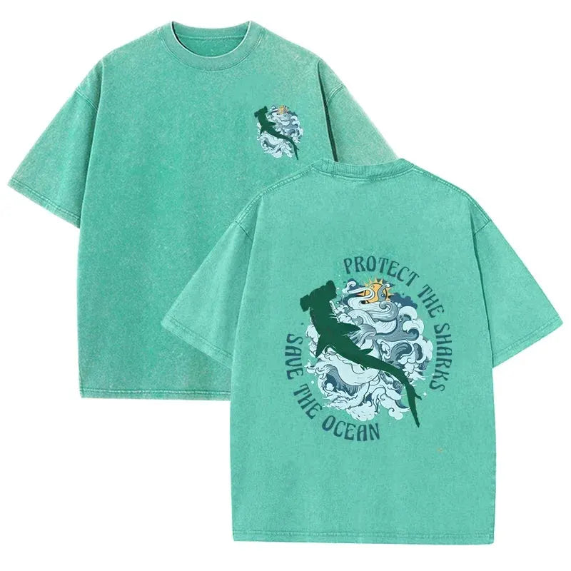Distressed Vintage Washed Tee Double Print Shark Wave Protect Ocean Letter Loose Fit Short Sleeve T Shirts by Vimost Shop