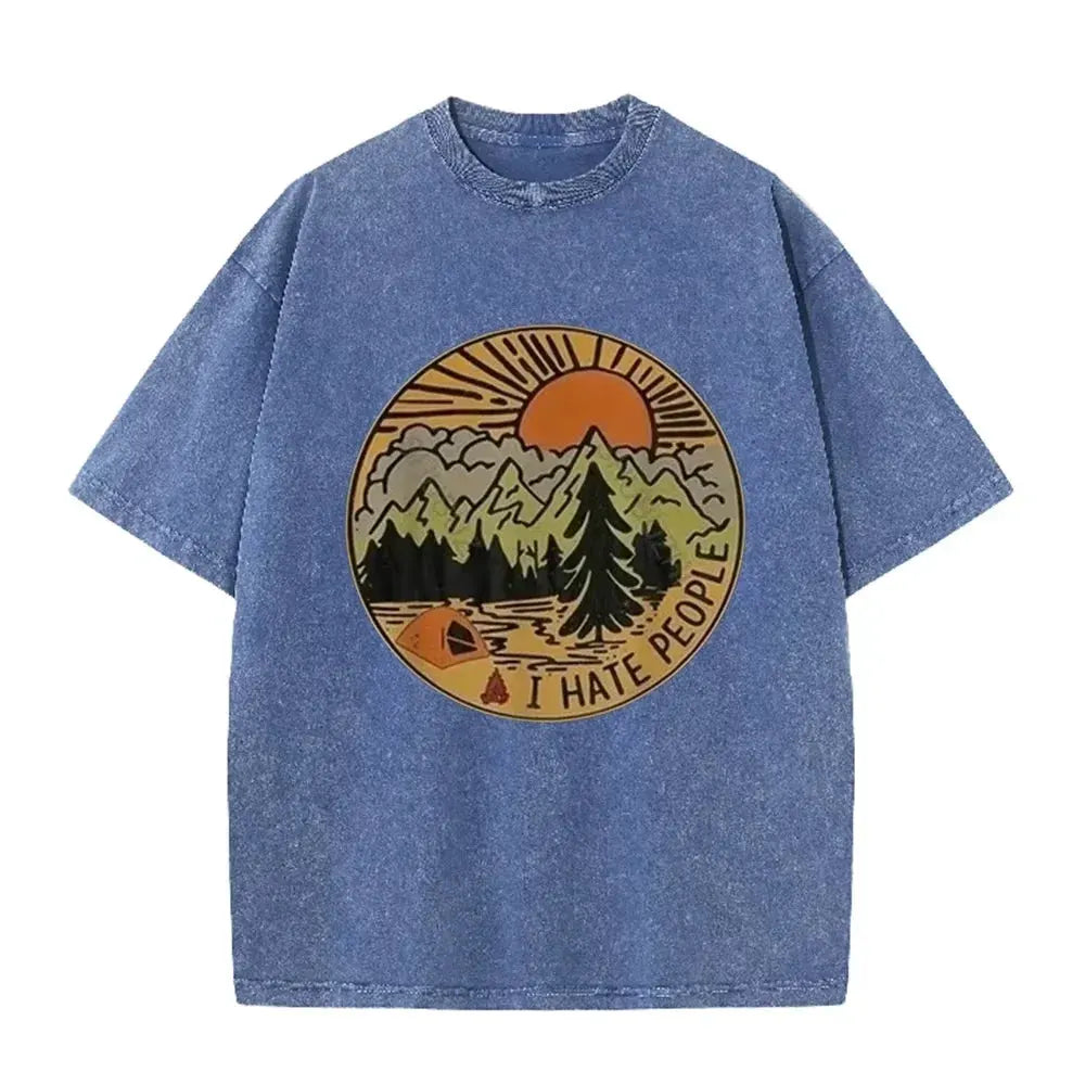 Vintage Camping I Hate People Print Washed Black Casual Outdoor T Shirt by Vimost Shop