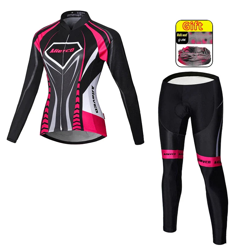 Women Long Sleeve Cycling Jersey Set MTB Bike Pants Kit Breathable Sportswear-4