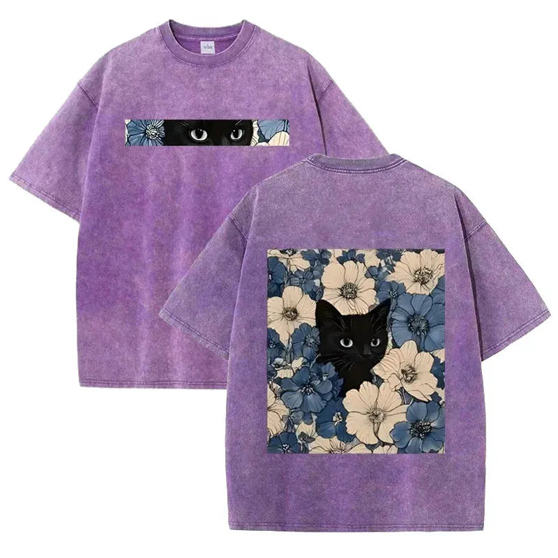 Vintage Washed Black Cat Floral T Shirt Double Sided Print Streetwear Casual Tee by Vimost Shop