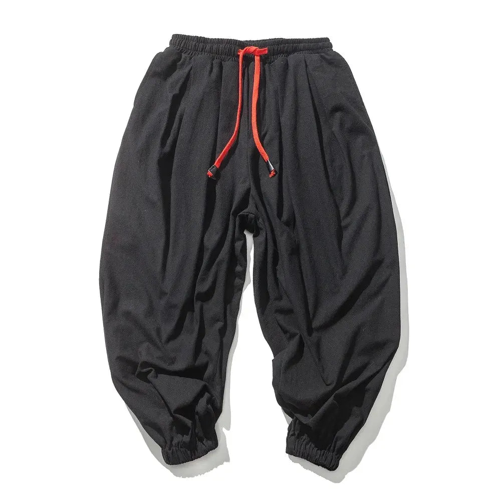 Men's Loose-Fit Cotton-Linen Harem Pants with Elastic Waist and Gathered Cuffs by Vimost Shop