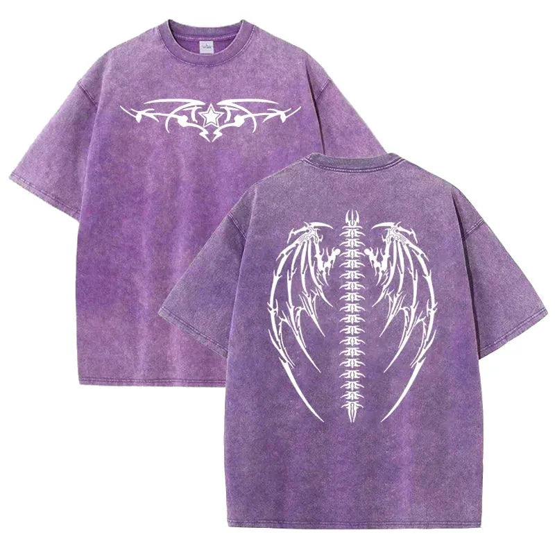 Gothic Tribal Wing Spine Print Vintage Washed Gray Y2K Casual Graphic T Shirt by Vimost Shop