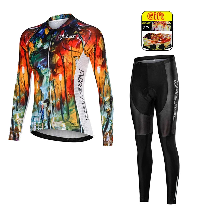 Women Long Sleeve Cycling Jersey Set MTB Bike Pants Kit Breathable Sportswear-5