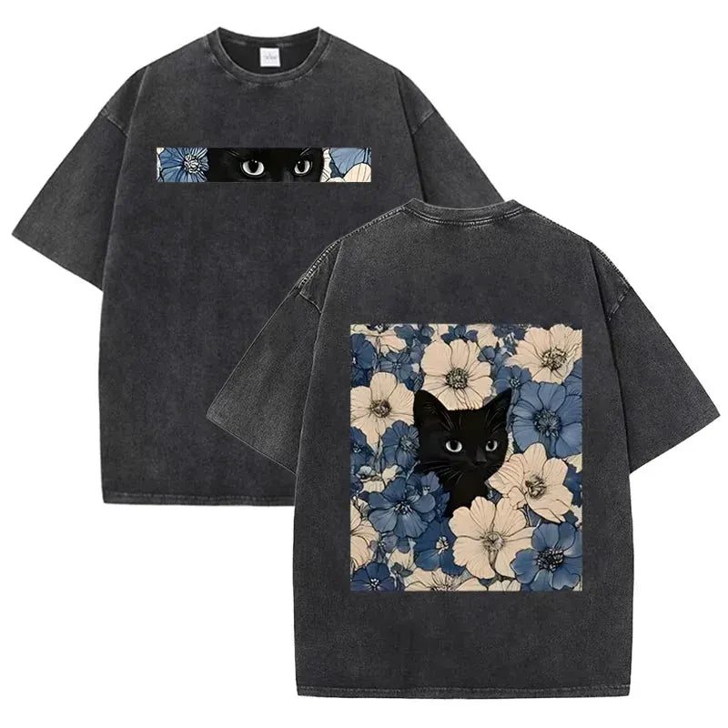 Vintage Washed Black Cat Floral T Shirt Double Sided Print Streetwear Casual Tee by Vimost Shop