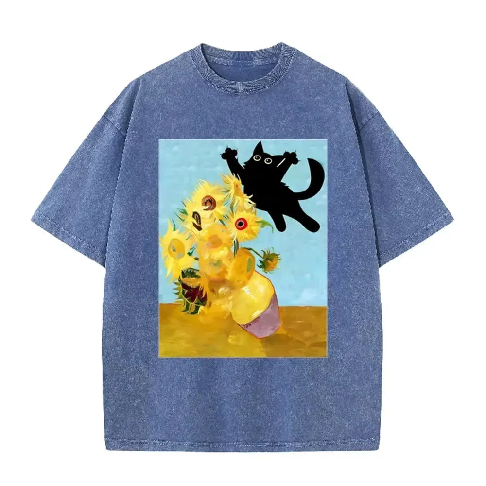 Van Gogh Sunflower Black Cat Parody Print Vintage Washed Purple Casual Art T Shirt by Vimost Shop