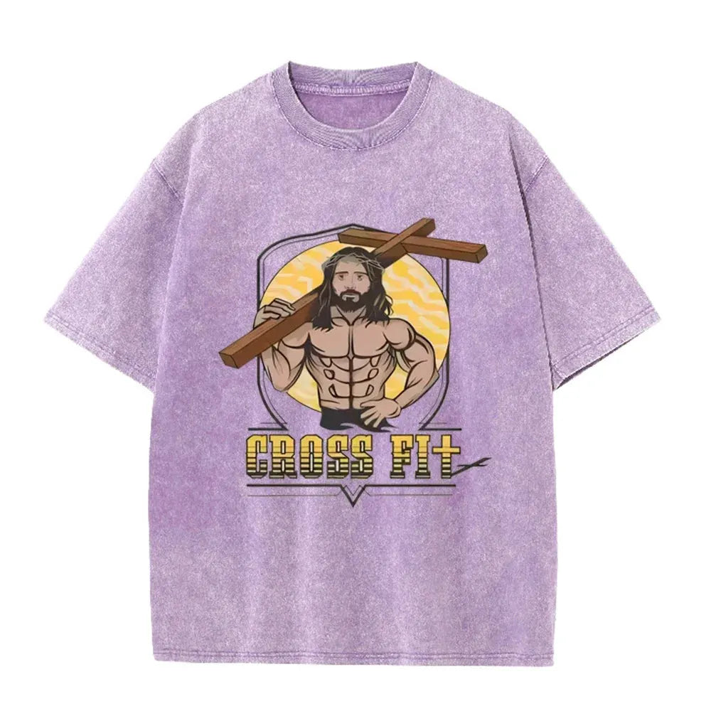 Oversized Washed Cotton Graphic T-Shirt with Short Sleeves by Vimost Shop
