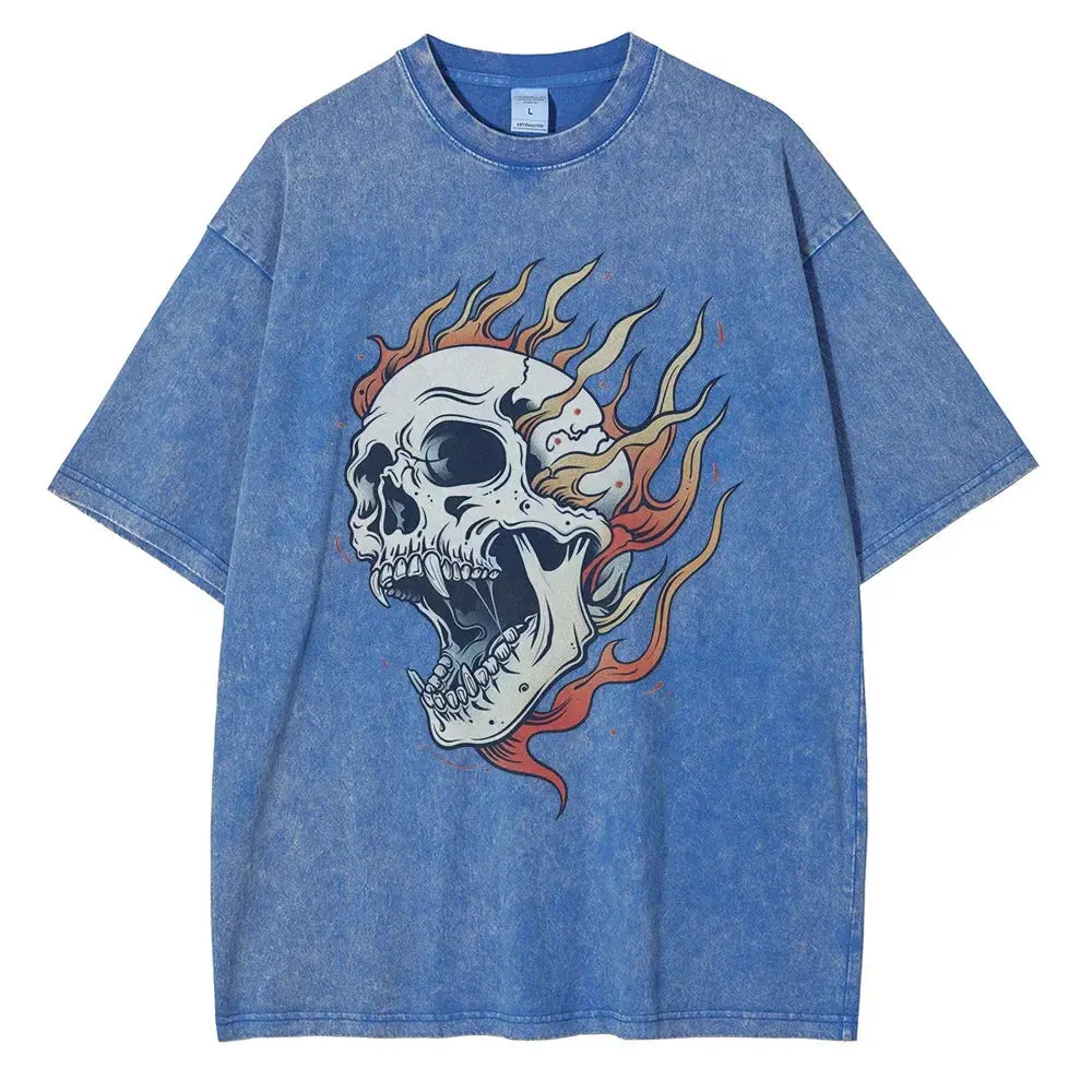 Men's Flame Skull Printed T-shirt Thick Cotton Washed T-shirt,Large Retro Top by Vimost Shop
