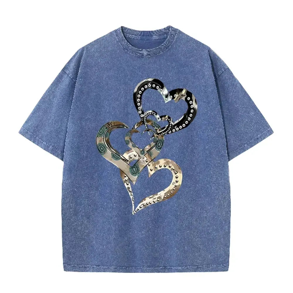 Retro Acid Wash Oversized T-shirt Metallic Multi Heart Print Punk Rivet Design Casual Street Tops by Vimost Shop