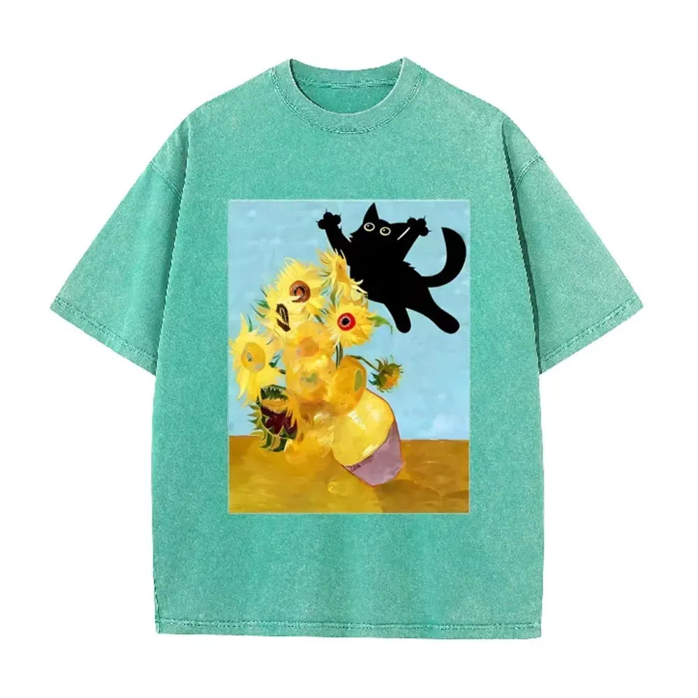 Van Gogh Sunflower Black Cat Parody Print Vintage Washed Purple Casual Art T Shirt by Vimost Shop