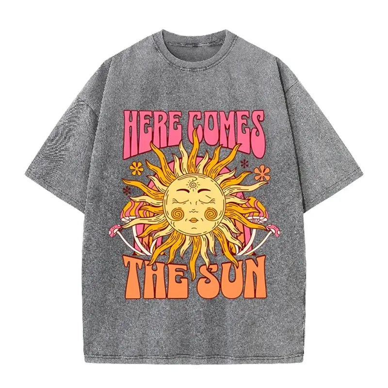 Vintage Black Here Comes The Sun T Shirt Retro Psychedelic Sun Acid Wash Tee by Vimost Shop