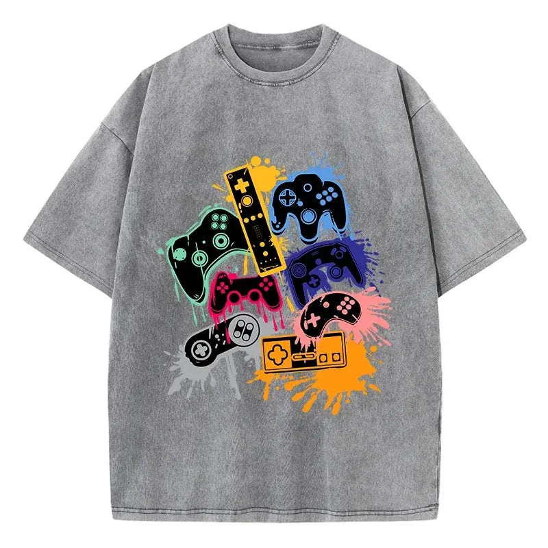 Game Console Graffiti Printing Washed T-Shirt Cotton T Shirts O-Neck Comfortable Distressed Tops Summer Mans Clothes by Vimost Shop
