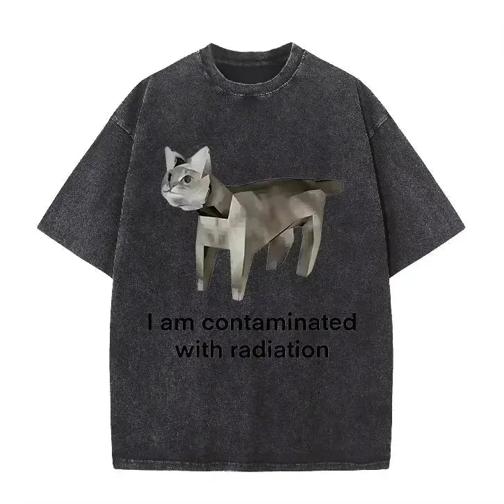Vintage Washed Green Low Poly Radiation Cat I Am Contaminated Funny Meme Casual T Shirt by Vimost Shop