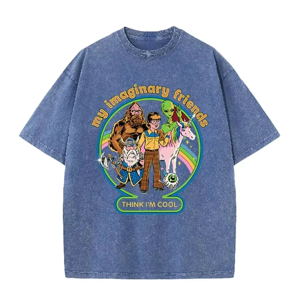 Brown Acid Wash Imaginary Friends Graphic Casual Retro Streetwear Tee by Vimost Shop