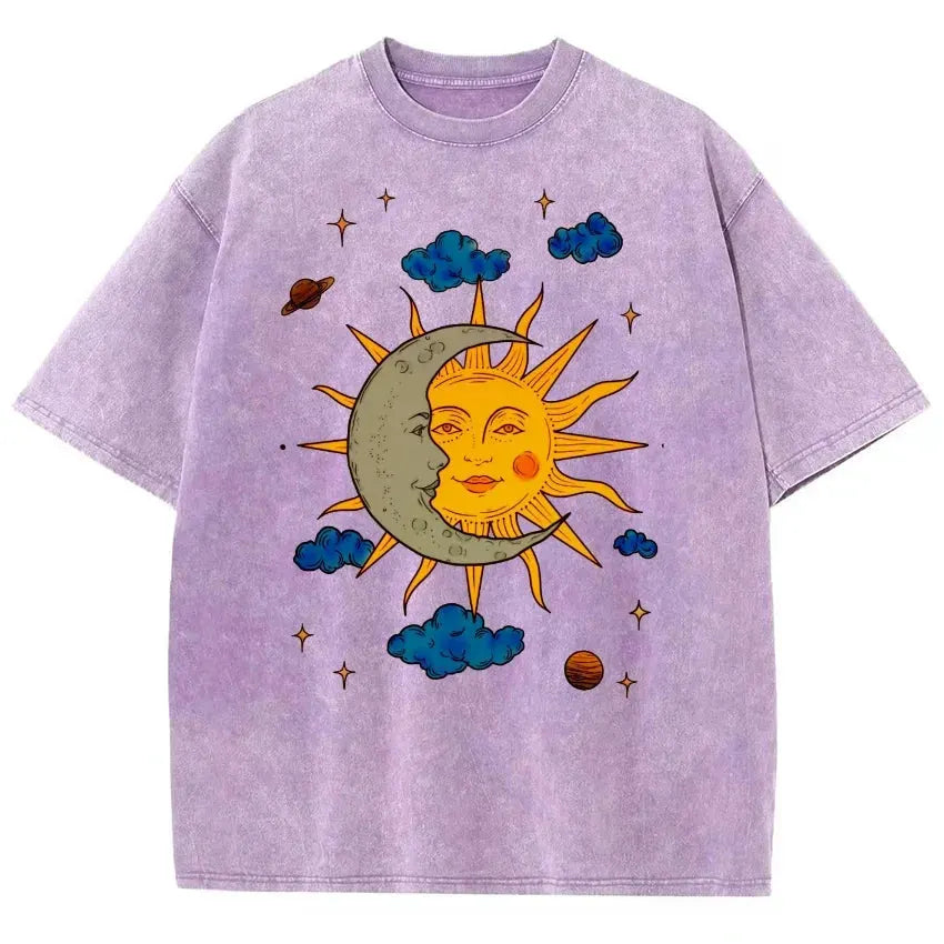 Men's Moon and Sun Printed T-shirt Oversized Short Sleeved Retro Washed Shirt Summer Top by Vimost Shop