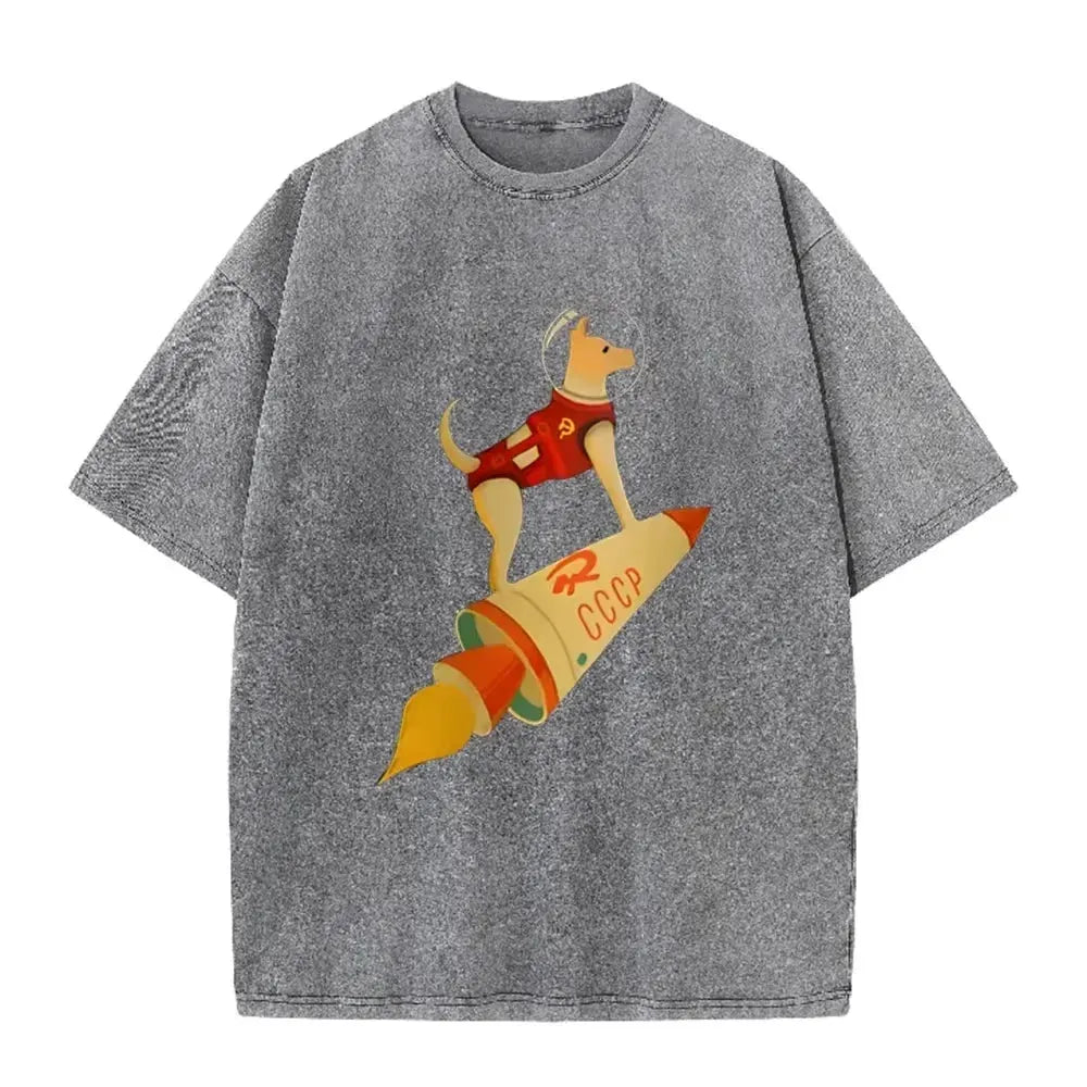 Vintage Washed Gray Tshirt CCCP Laika Space Dog Rocket Cartoon Print Loose Short Sleeve Retro Soviet Casual Tee by Vimost Shop