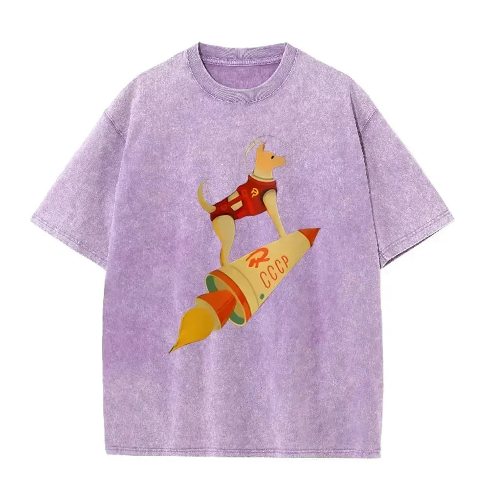 Vintage Washed Gray Tshirt CCCP Laika Space Dog Rocket Cartoon Print Loose Short Sleeve Retro Soviet Casual Tee by Vimost Shop