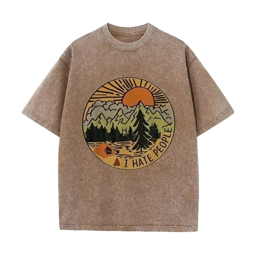 Vintage Camping I Hate People Print Washed Black Casual Outdoor T Shirt by Vimost Shop