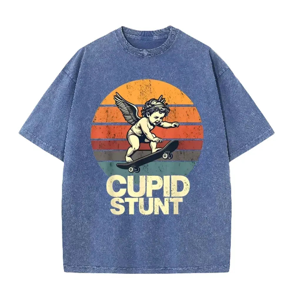 Retro Beige Cupid Stunt Skate Graphic Acid Wash Oversized Tee by Vimost Shop