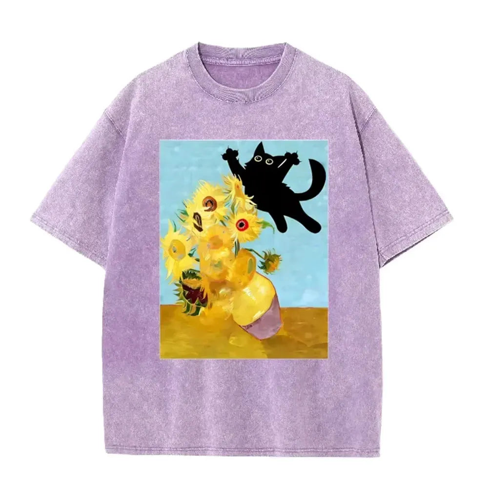 Van Gogh Sunflower Black Cat Parody Print Vintage Washed Purple Casual Art T Shirt by Vimost Shop