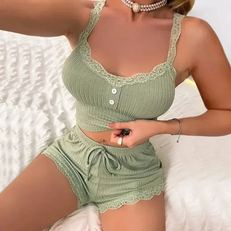 Women's Lace-Trim Cami and Drawstring Shorts Two-Piece Pajama Set by Vimost Shop