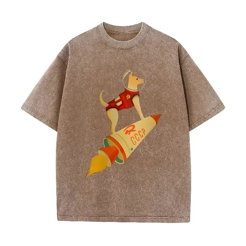 Vintage Washed Gray Tshirt CCCP Laika Space Dog Rocket Cartoon Print Loose Short Sleeve Retro Soviet Casual Tee by Vimost Shop