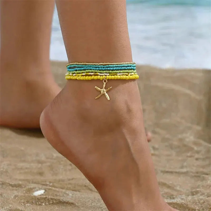 Bohemia Multilayer Rice Bead Anklet Set for Women Fashion Starfish Pendant Anklets Summer Sandy Beach Ankle Chain On Leg Jewelry by HongHaiEr Store