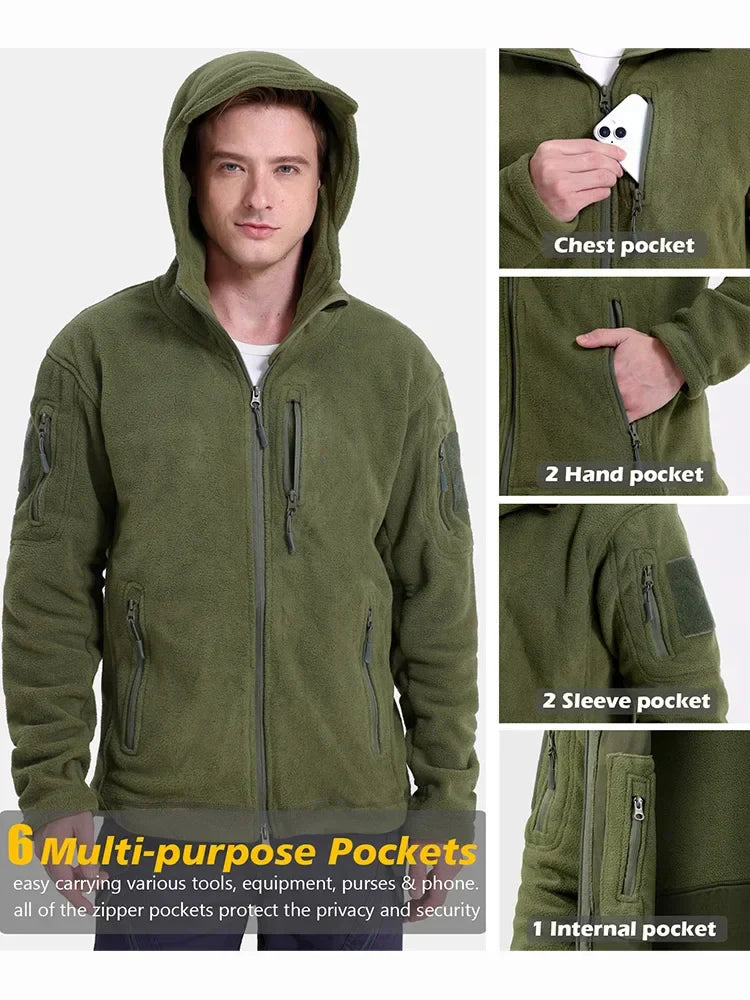 Men's Hunting Fleece Jacket Hiking Hunting Outdoor Fleece  Tactical Jacket Winter Warm Full Zip Military Hoodies Multi-Pockets-3