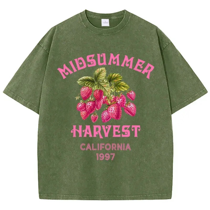 Men's Cotton T-shirt Strawberry Printed Washed T-shirt Comfortable Round Neck Top Men's Summer Clothing by Vimost Shop