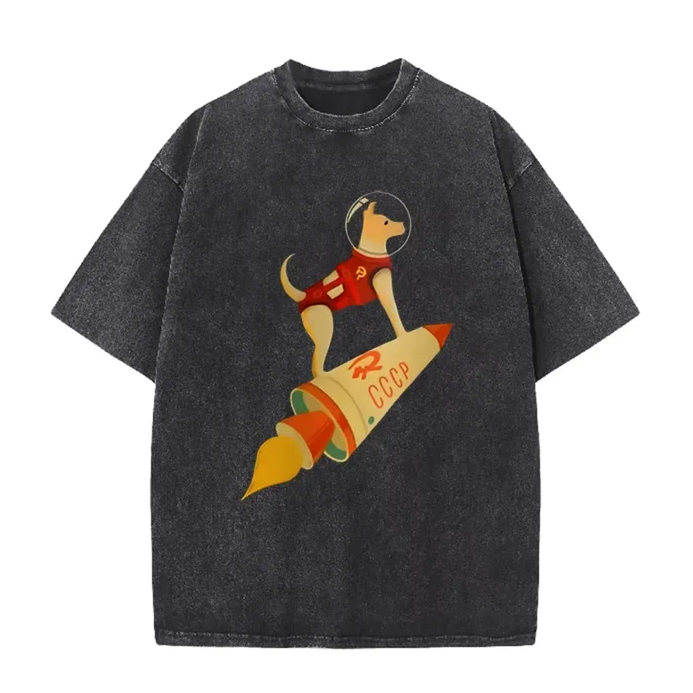 Vintage Washed Gray Tshirt CCCP Laika Space Dog Rocket Cartoon Print Loose Short Sleeve Retro Soviet Casual Tee by Vimost Shop