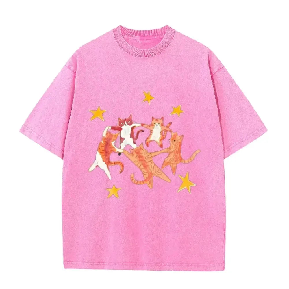 Vintage Washed Purple Dancing Orange Cats Star Print Casual Cute Animal Graphic T Shirt by Vimost Shop