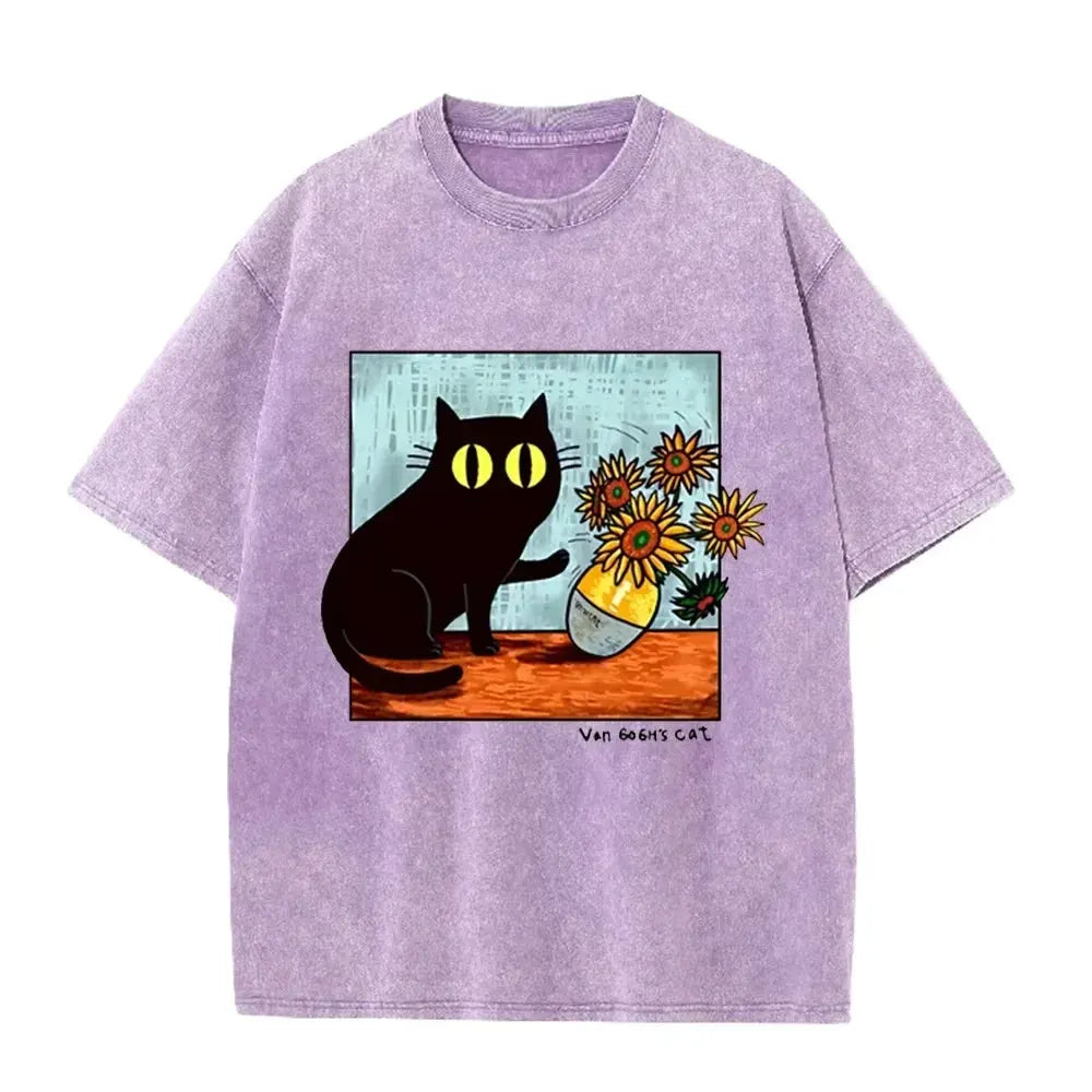 Funny Art Cat Van Gogh's Cat Print Vintage Washed Blue Casual Graphic T Shirt by Vimost Shop