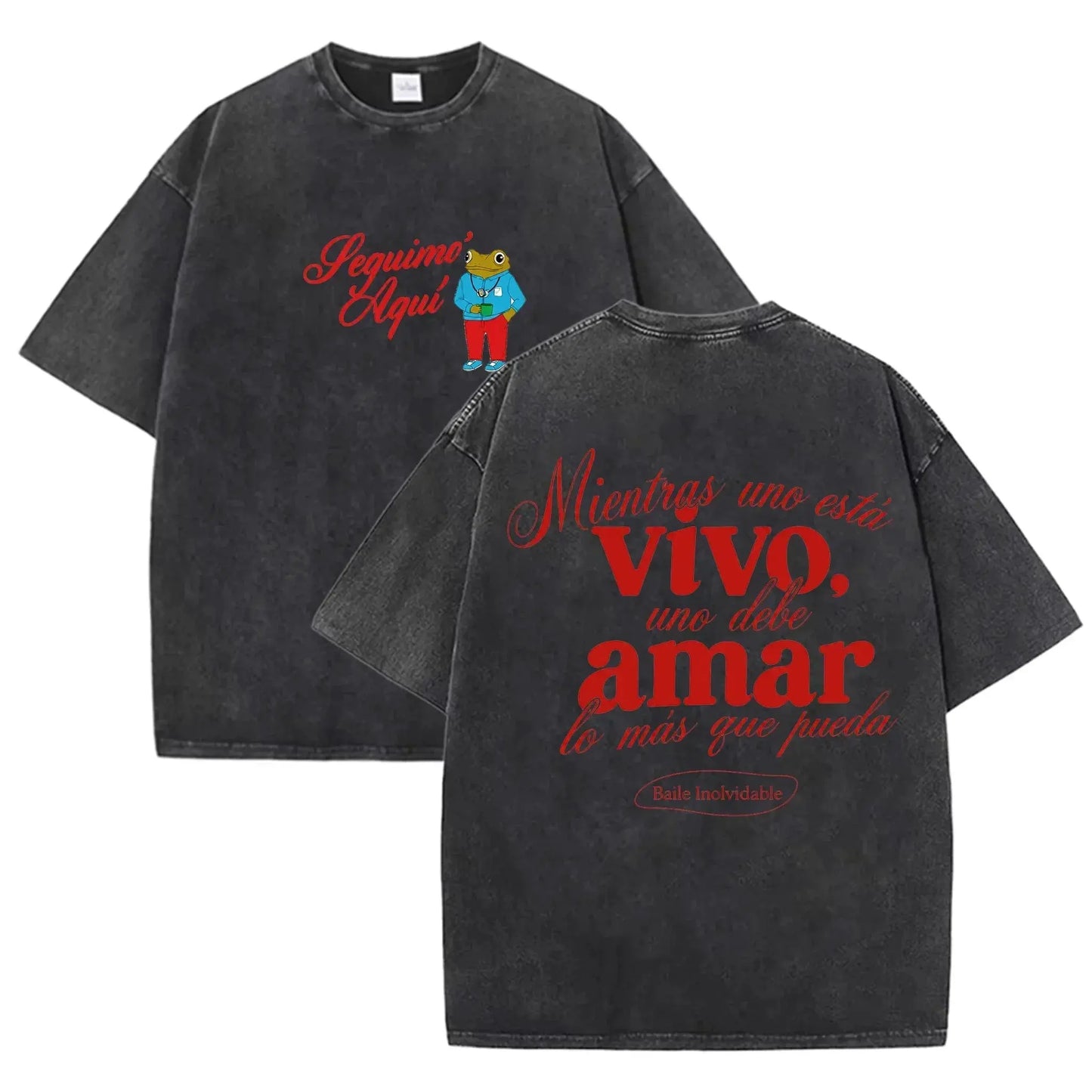 Vintage Washed Black Seguimo Aqui Frog Spanish Slogan Front Back Print Casual T Shirt by Vimost Shop