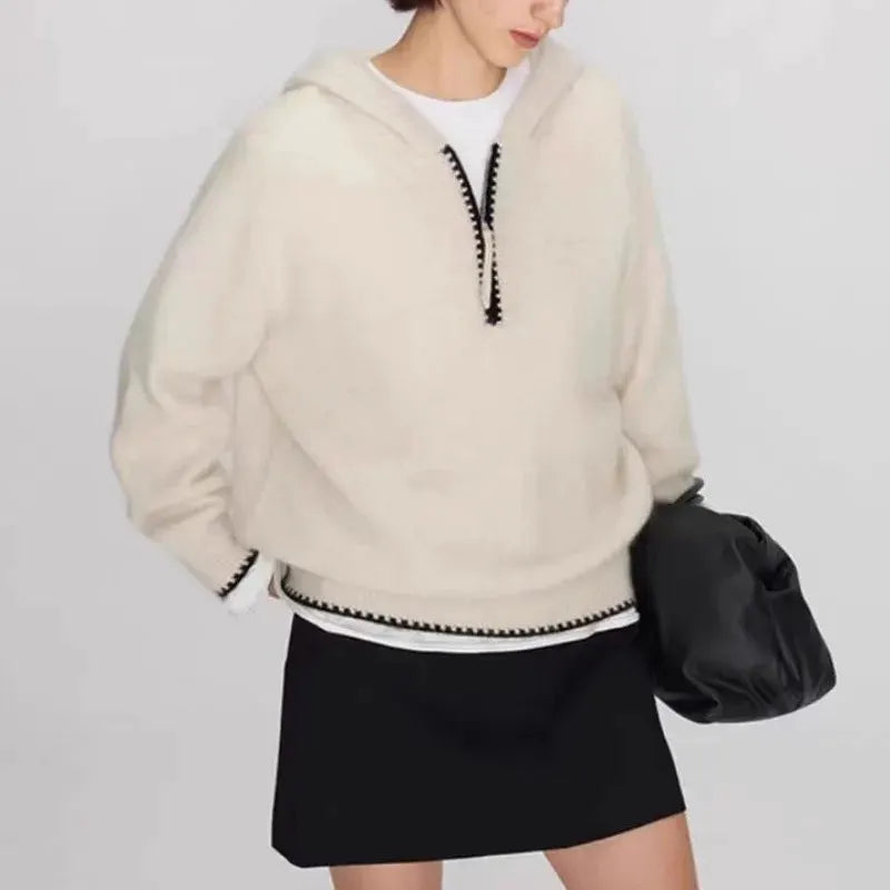 High-end half-zipper hooded 100% cashmere knitted sweater women loose and thick sweater base hoodie top by Vimost Shop