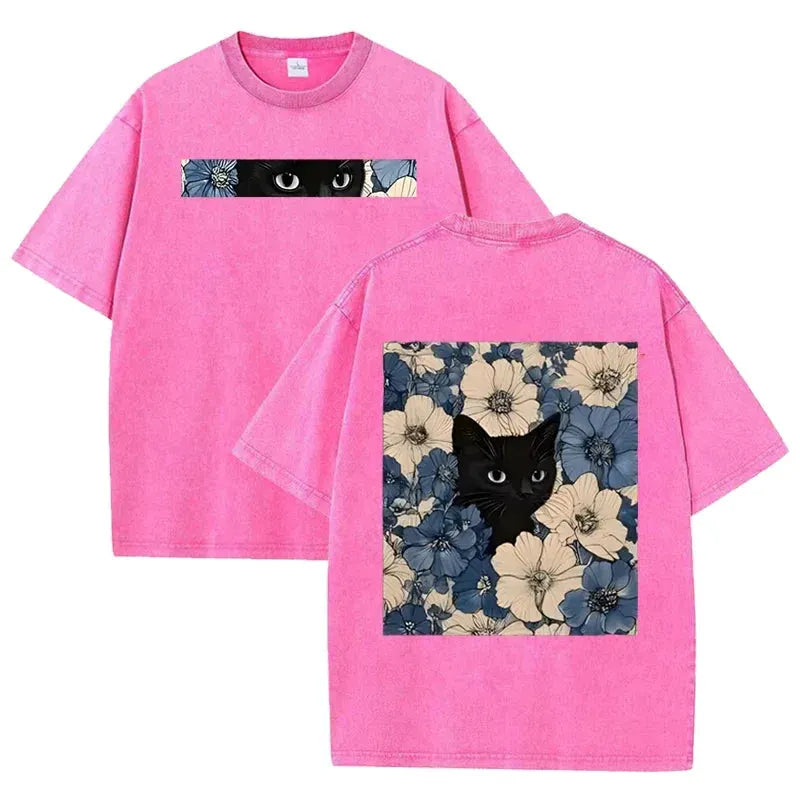 Vintage Washed Black Cat Floral T Shirt Double Sided Print Streetwear Casual Tee by Vimost Shop