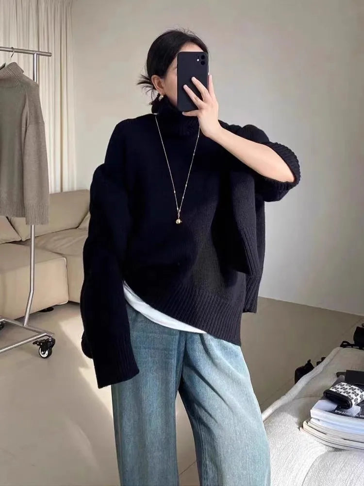100% pure cashmere sweater for women high-neck sweater loose and thickened silhouette sweater-3