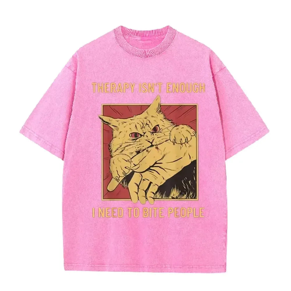 Funny Cat Bite Hand "Therapy Isn't Enough" Print Vintage Washed Black T Shirt by Vimost Shop