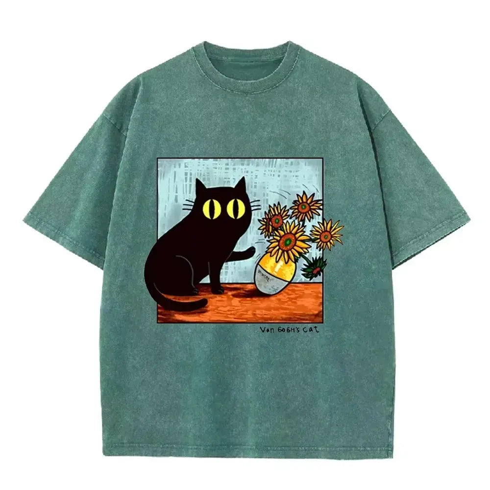 Funny Art Cat Van Gogh's Cat Print Vintage Washed Blue Casual Graphic T Shirt by Vimost Shop