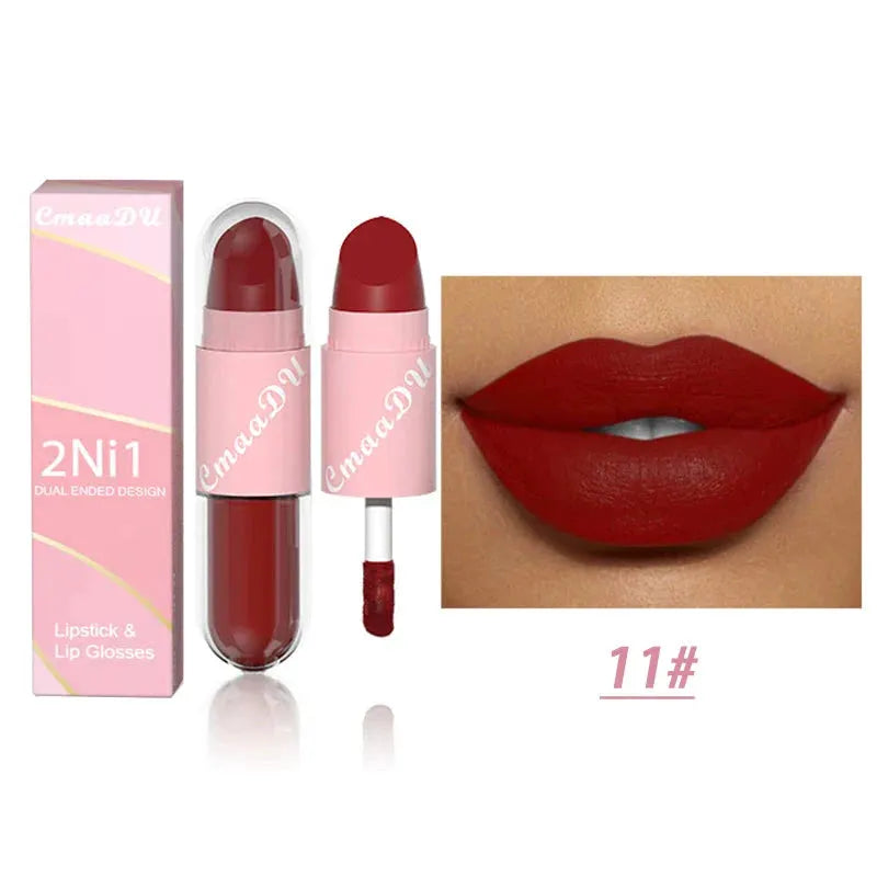 18 Colors 2 in 1 Matte Lipstick Liquid Purple Lip Glaze Double Head Lip Makeup Lasting Waterproof Velvet Sexy Dark Red Lipsticks by HMEINA Store