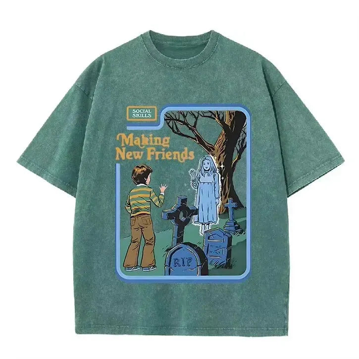 Green Acid Wash Making Friends Ghost Cemetery Vintage Halloween Tee by Vimost Shop